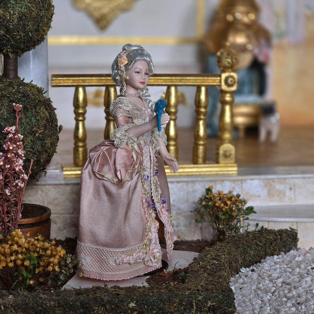 Dana Burton Rococo Young Girl in Pink Silk Pannier Gown with Macaw Porcelain Artist Doll