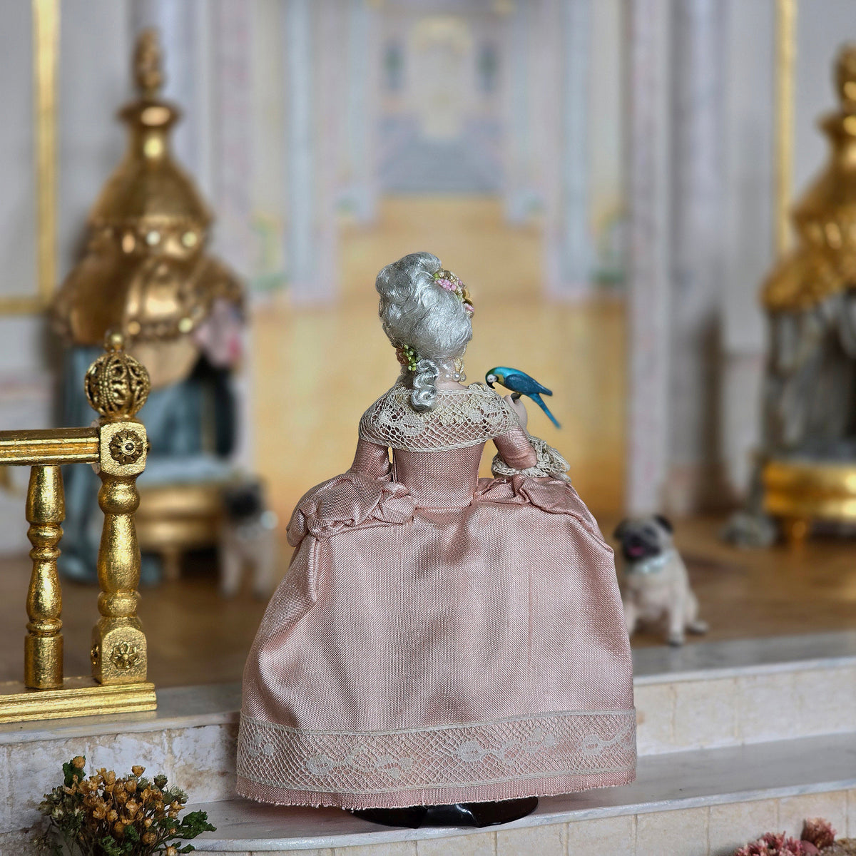Dana Burton Rococo Young Girl in Pink Silk Pannier Gown with Macaw Porcelain Artist Doll