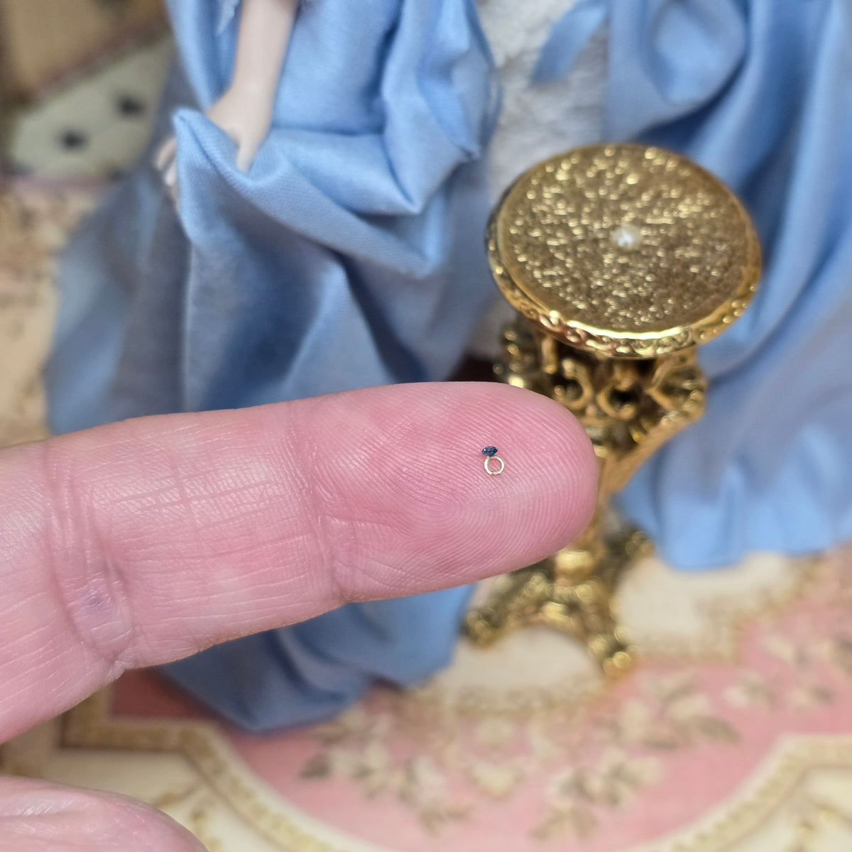 Sun Lemmens WEARABLE Sapphire Solitaire Ring in Tiny Ring Box in 1:12 Scale