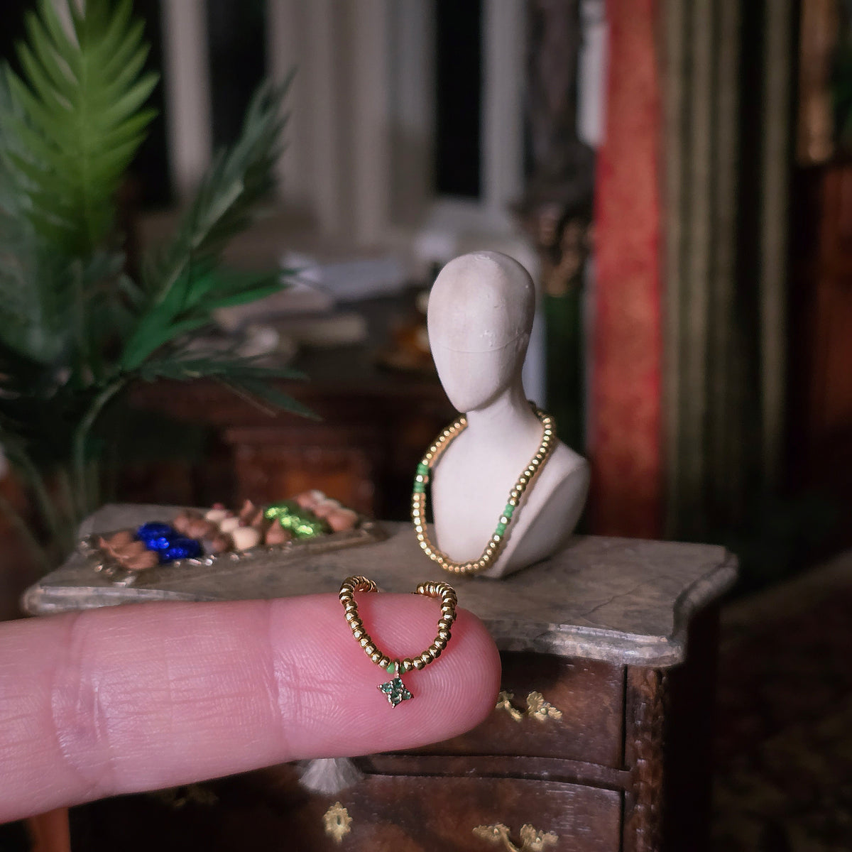 Lynn O’Shaughnessy Real Gold & Emerald Necklace Set 1:12 Scale IGMA Fellow Miniature