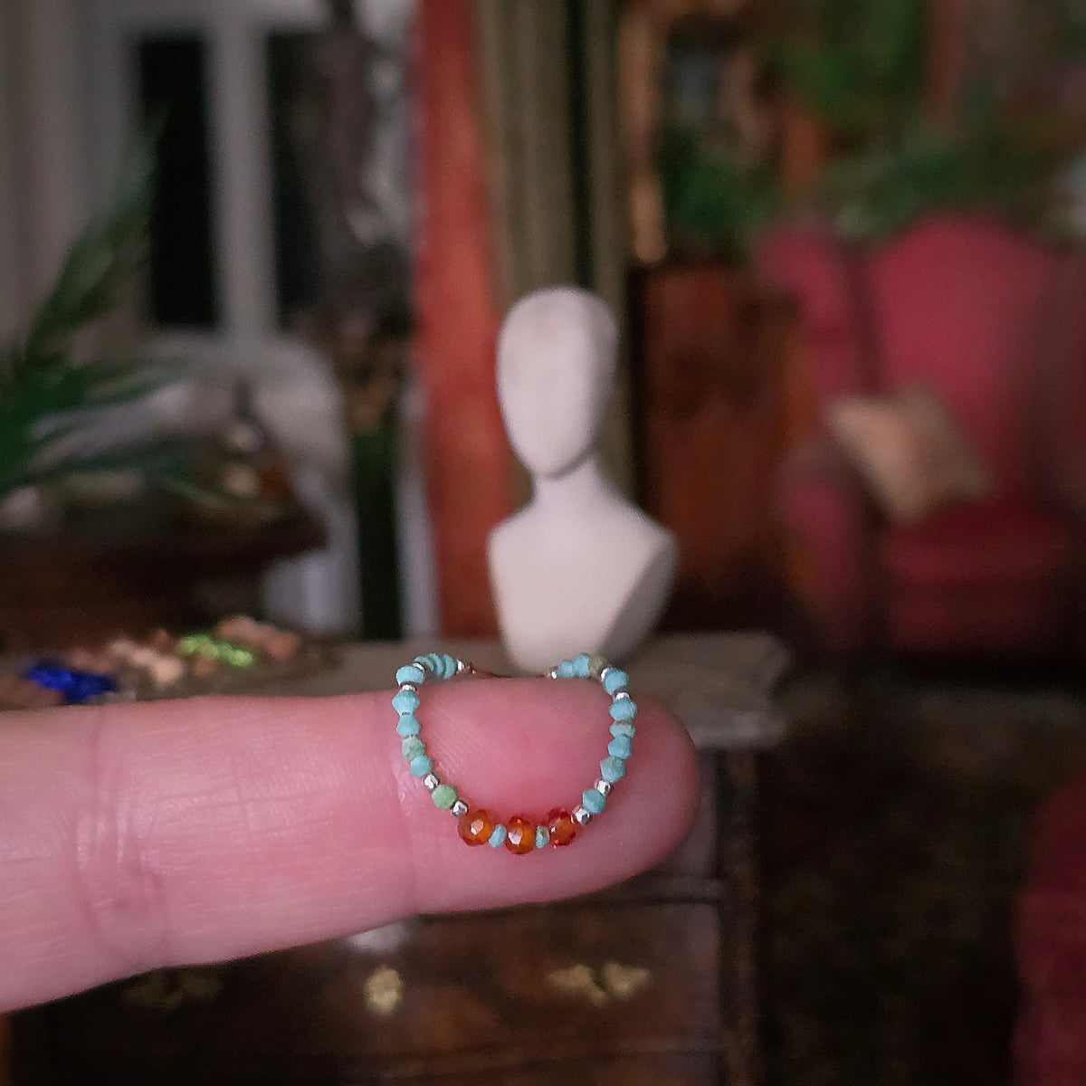 Lynn O’Shaughnessy Turquoise, Sterling & Carnelian Sunstone Necklace IGMA Fellow