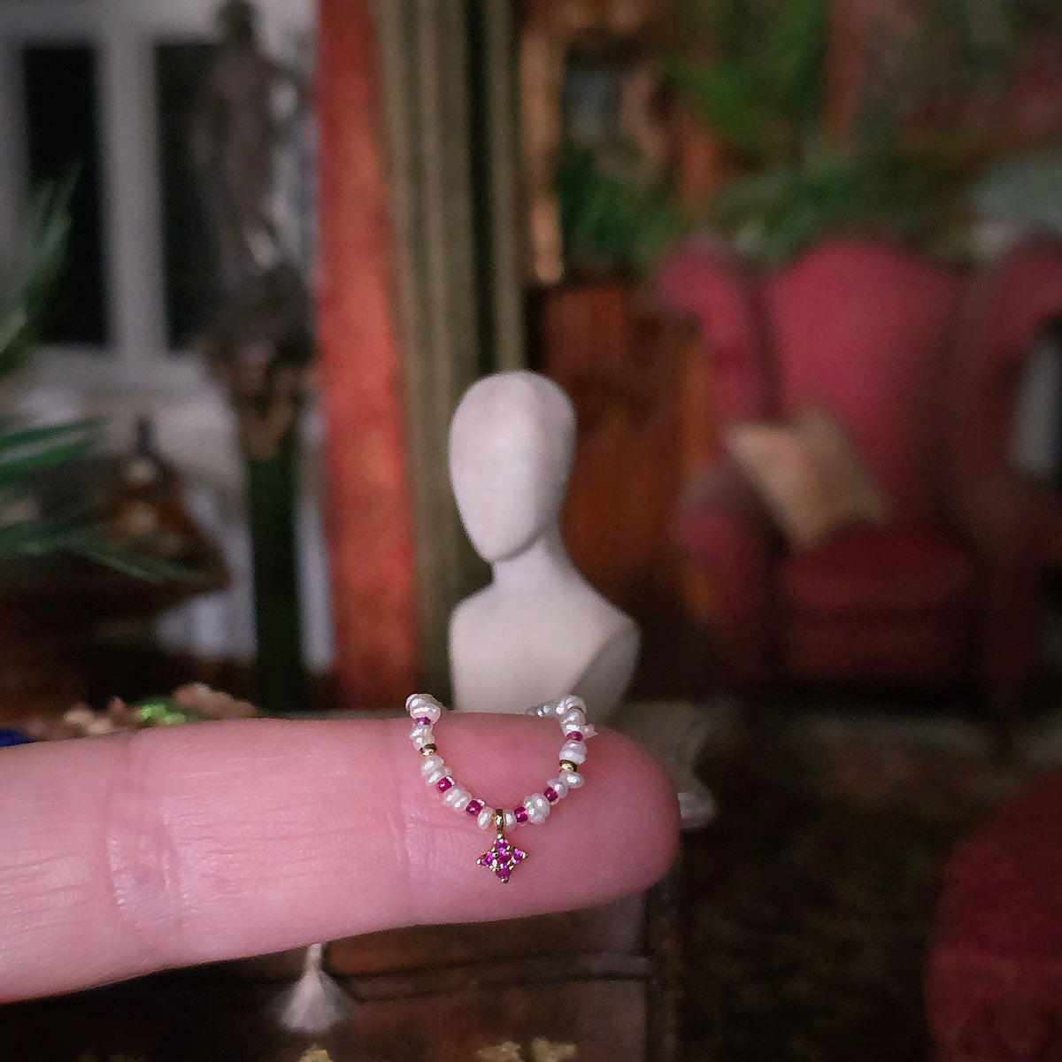 Lynn O’Shaughnessy Ruby & Natural Pearl Wearable Miniature Necklace IGMA Fellow