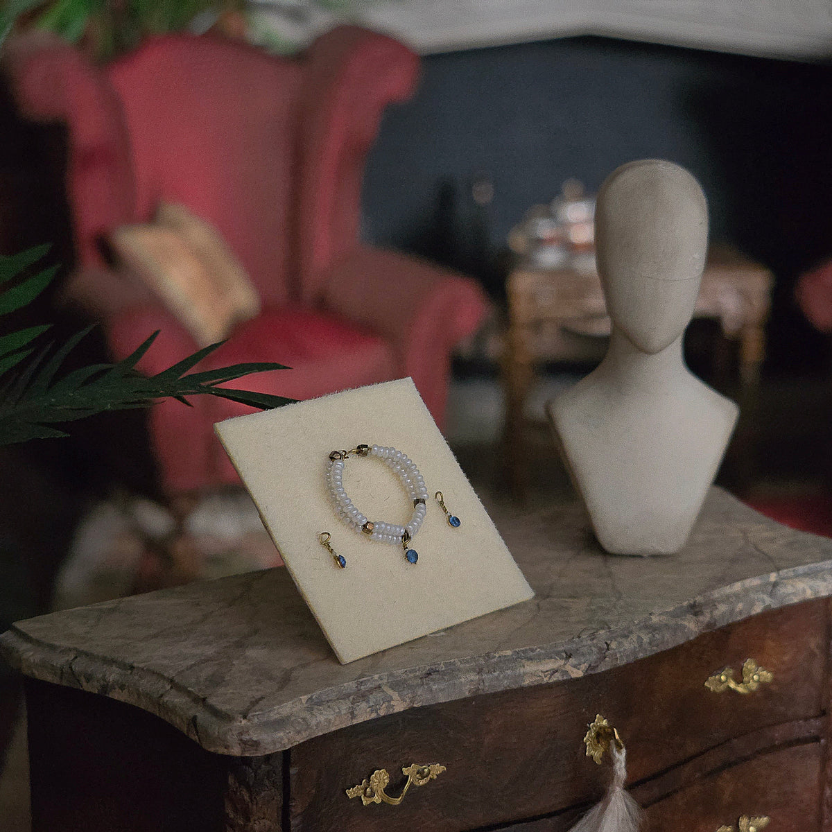 Barbara Bunce 1990s 1:12 Wearable Real Pearl & Sapphire Necklace and Earrings Set