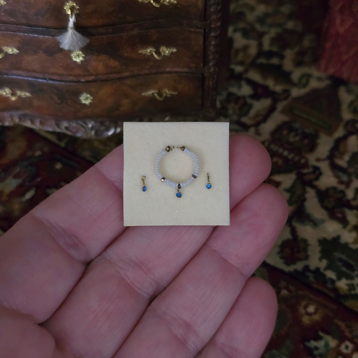 Barbara Bunce 1990s 1:12 Wearable Real Pearl & Sapphire Necklace and Earrings Set