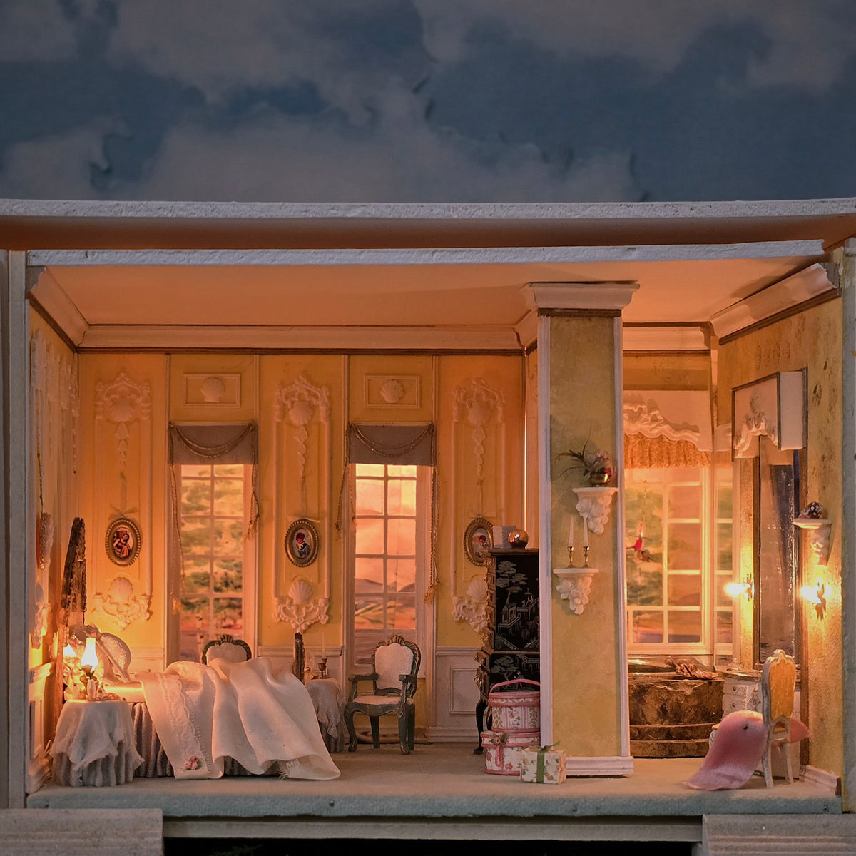 Vintage 1990s Illuminated 1:24 Scale French-Style Bedroom & Bath Artisan Roombox