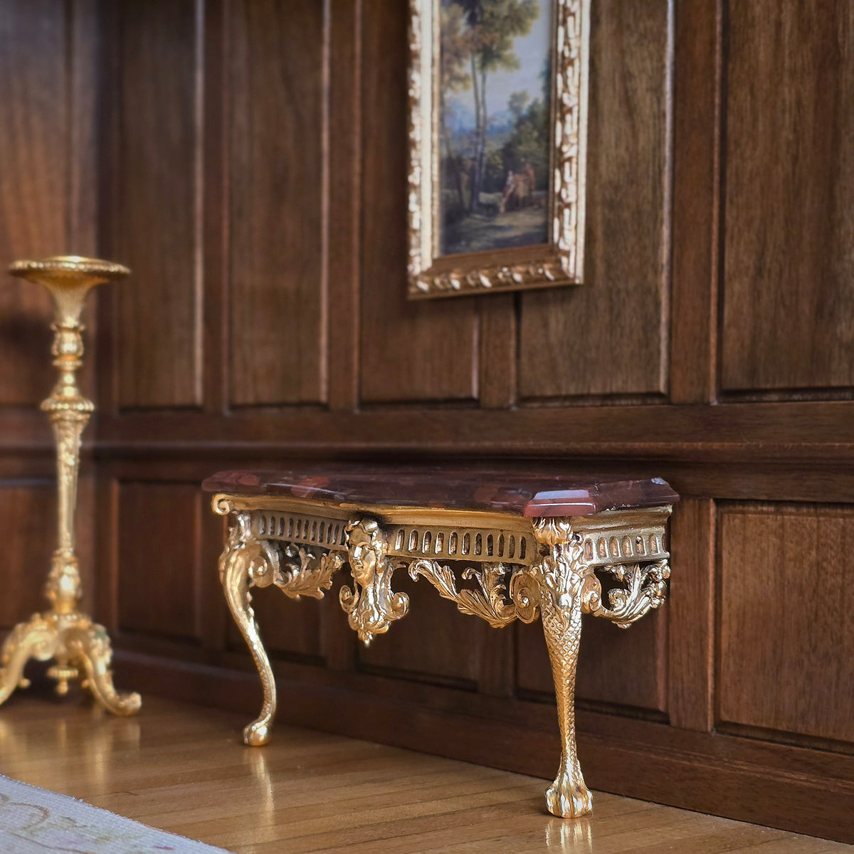 1988 Rococo Gilt English Silver & Gold Vermeil Red Jasper Console Table, John Hodgson