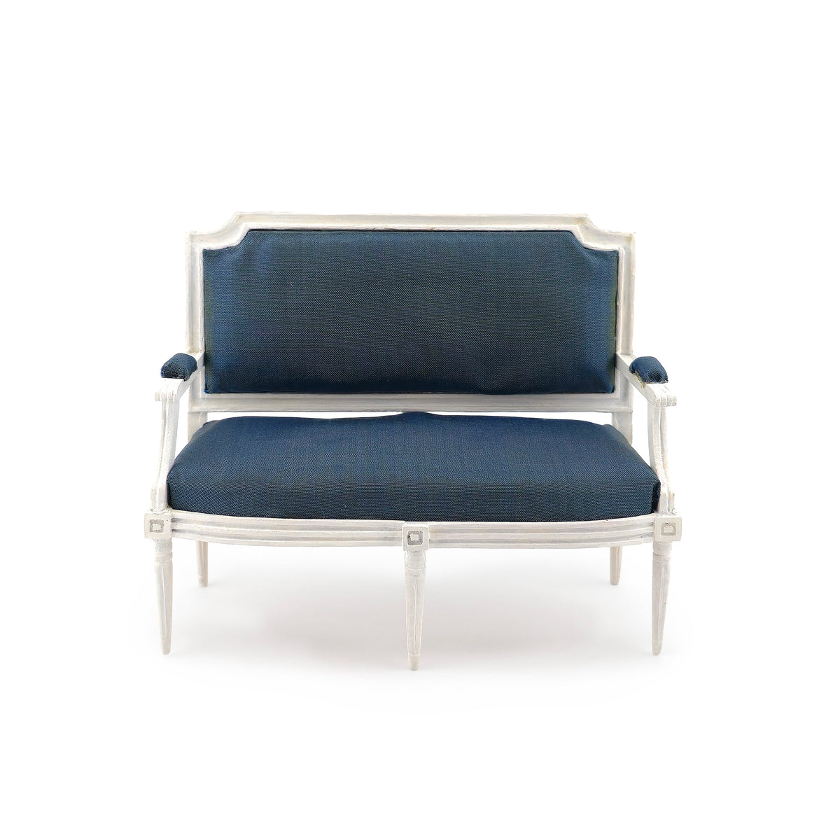 White Louis XVI Navy Blue Silk Upholstered Settee by Bruno & Patricia Herbillion