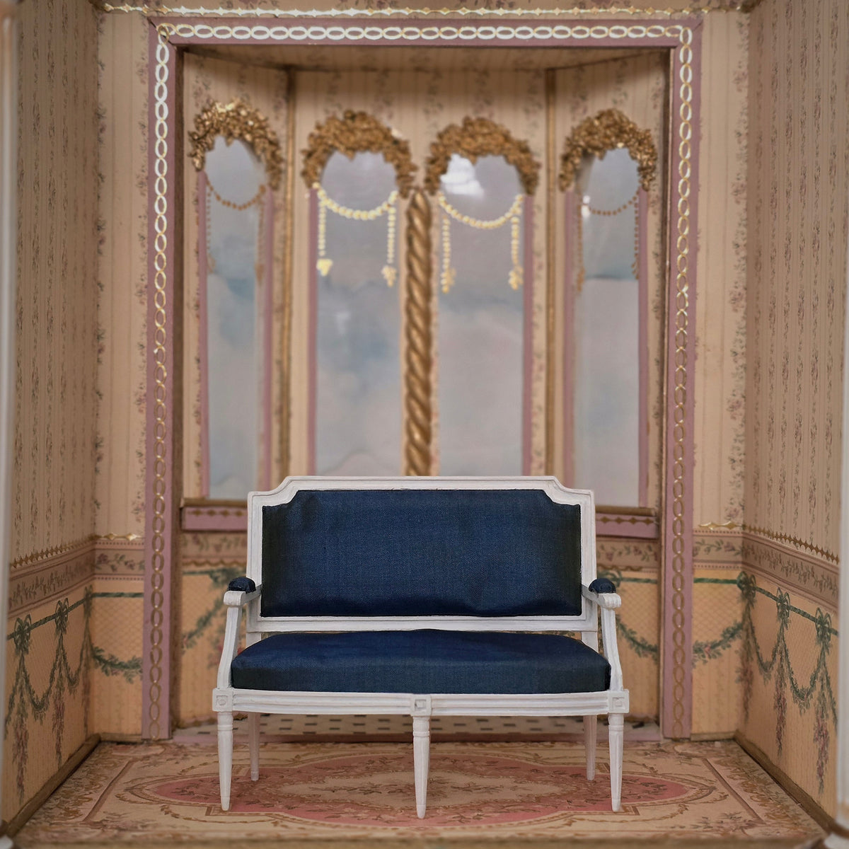 White Louis XVI Navy Blue Silk Upholstered Settee by Bruno & Patricia Herbillion