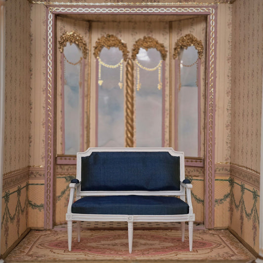 White Louis XVI Navy Blue Silk Upholstered Settee by Bruno & Patricia Herbillion