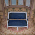 Load image into Gallery viewer, White Louis XVI Navy Blue Silk Upholstered Settee by Bruno & Patricia Herbillion
