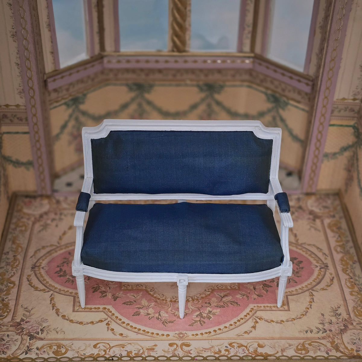 White Louis XVI Navy Blue Silk Upholstered Settee by Bruno & Patricia Herbillion