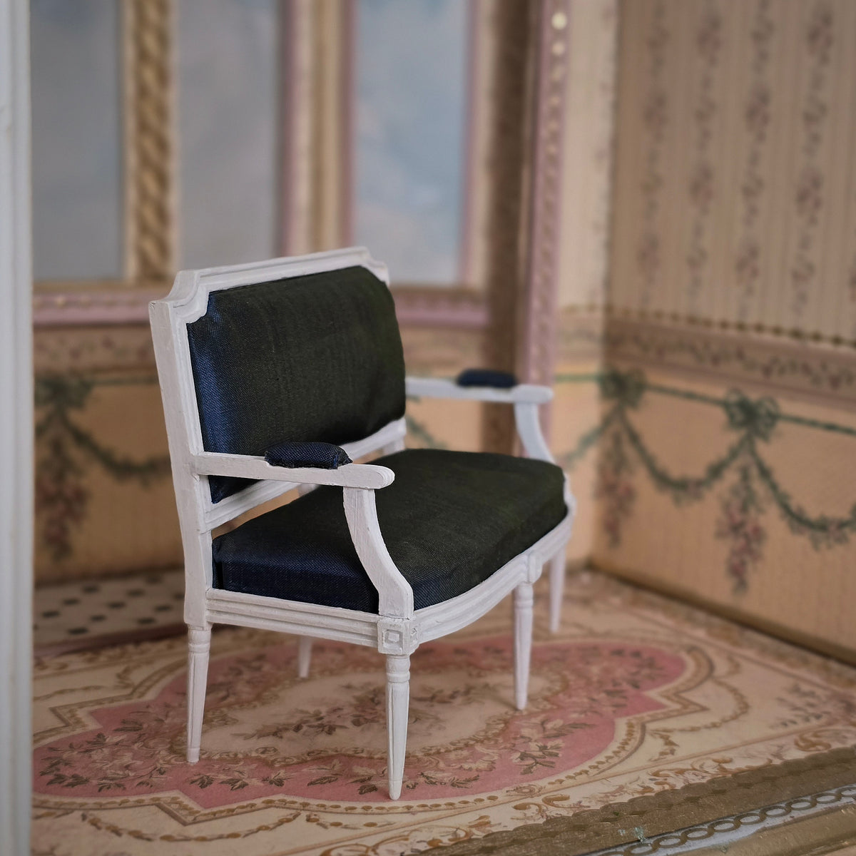 White Louis XVI Navy Blue Silk Upholstered Settee by Bruno & Patricia Herbillion