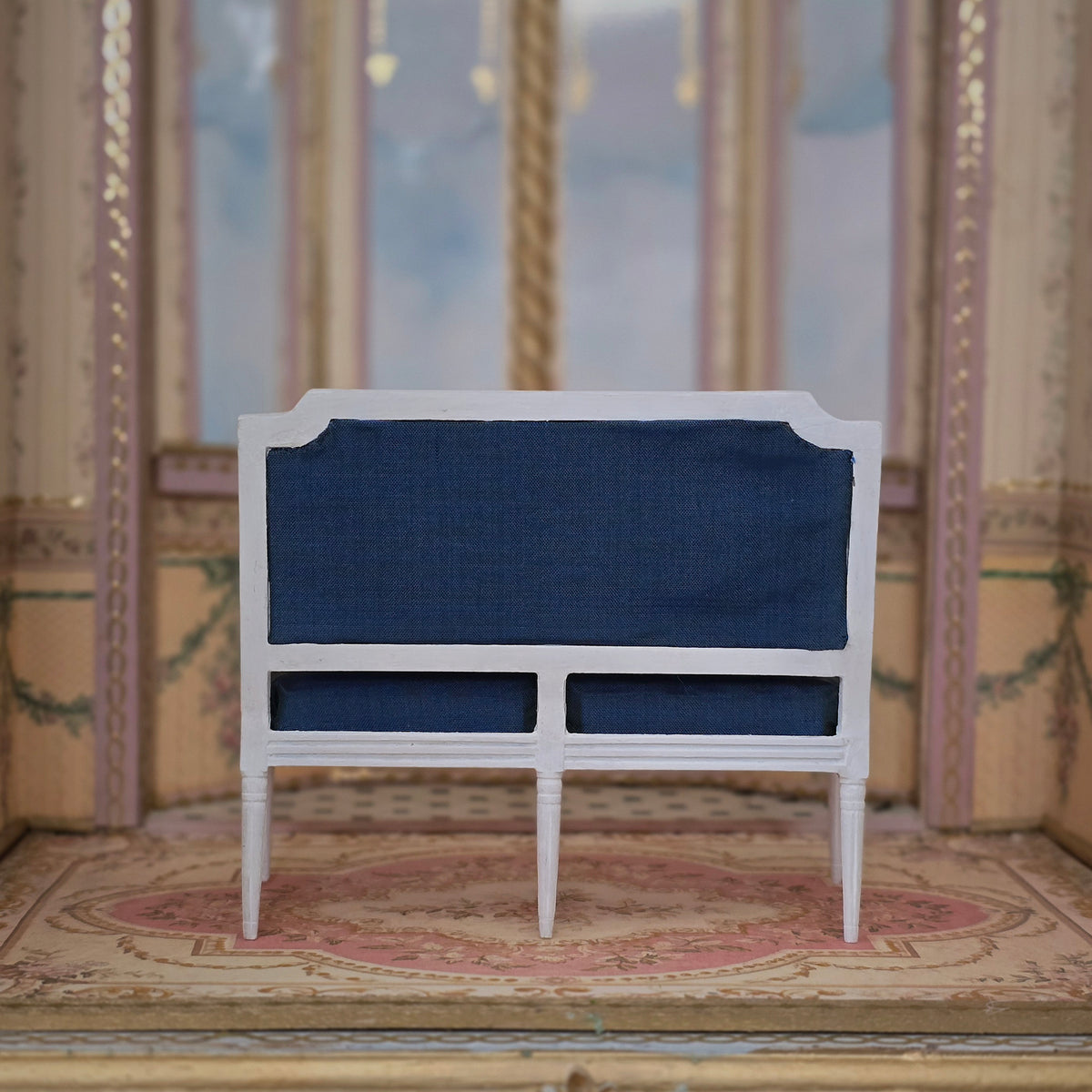 White Louis XVI Navy Blue Silk Upholstered Settee by Bruno & Patricia Herbillion