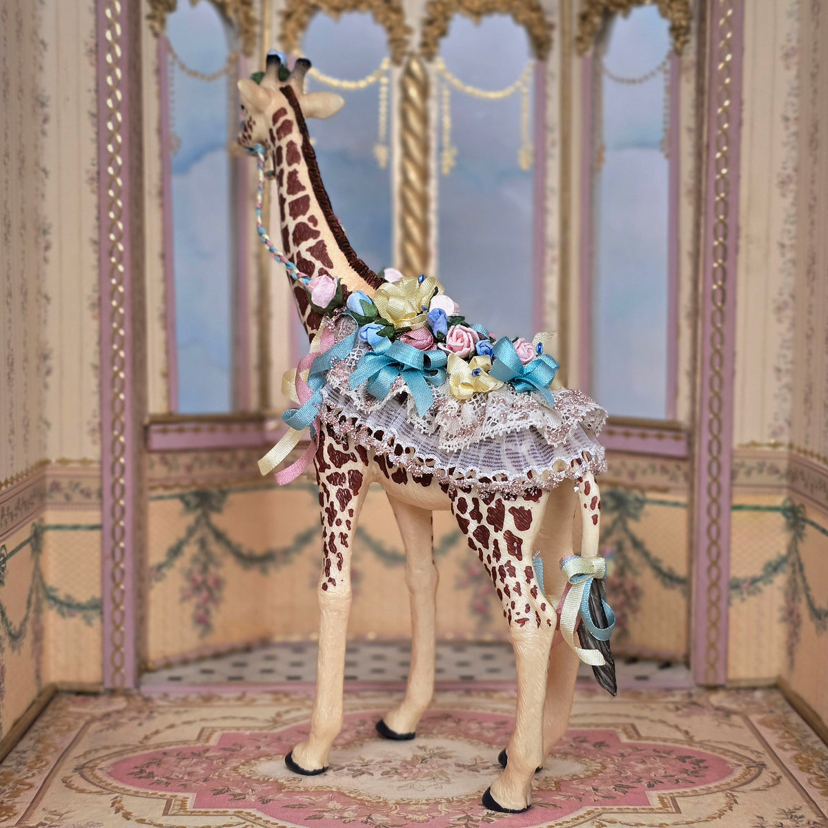 Pat Boldt 1:12 Scale Carousel Mother Giraffe with Lace Saddle, Pastel Ribbon & Florals