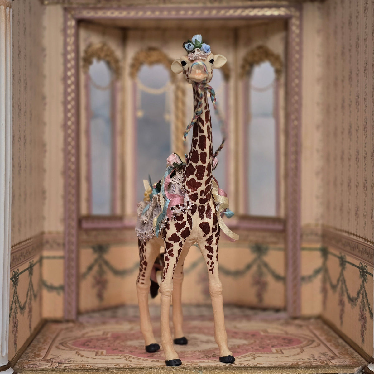 Pat Boldt 1:12 Scale Carousel Mother Giraffe with Lace Saddle, Pastel Ribbon & Florals