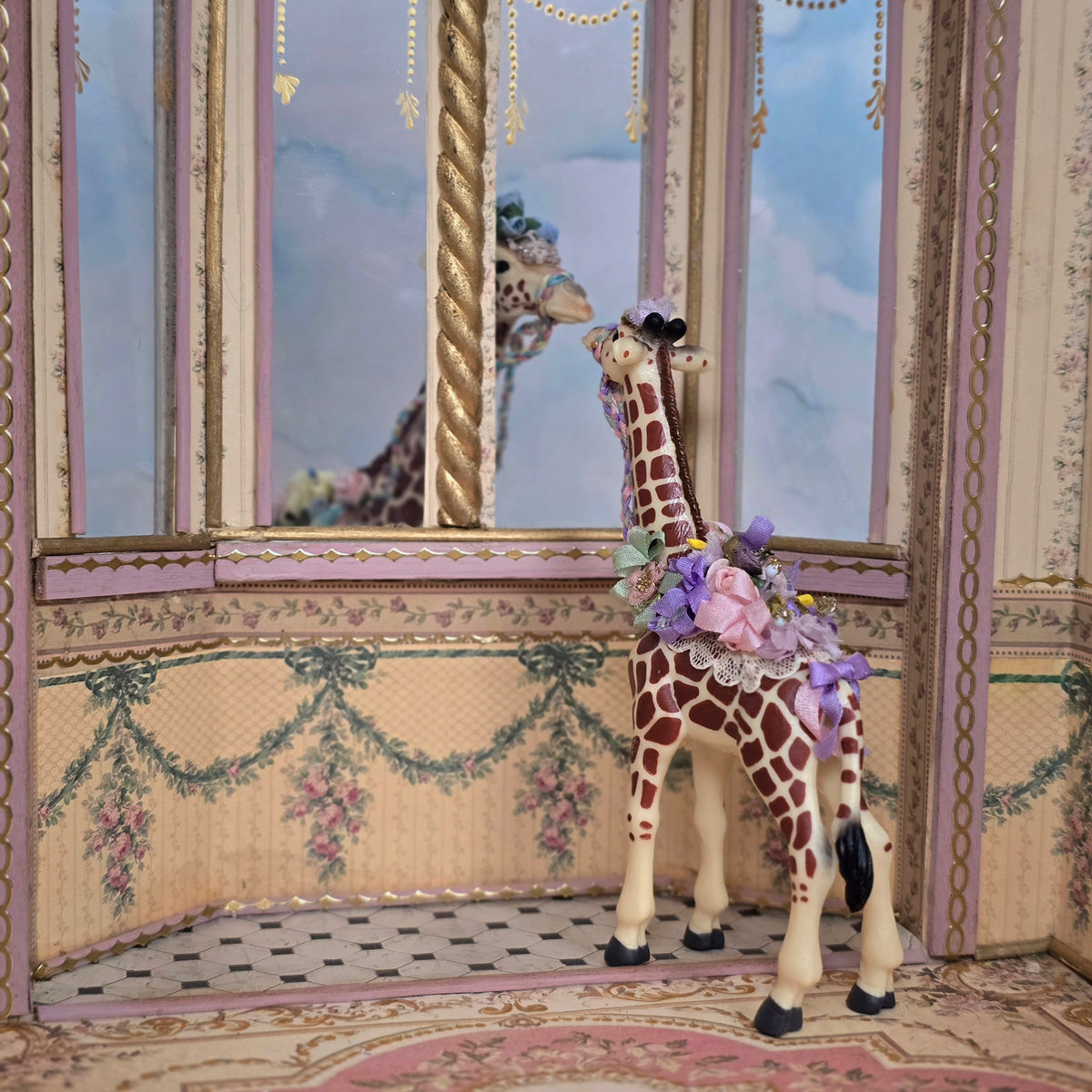 Pat Boldt 1:12 Scale Carousel Giraffe Calf with Lace Saddle, Pastel Ribbon & Flowers