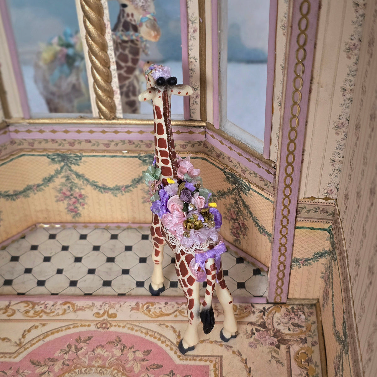 Pat Boldt 1:12 Scale Carousel Giraffe Calf with Lace Saddle, Pastel Ribbon & Flowers