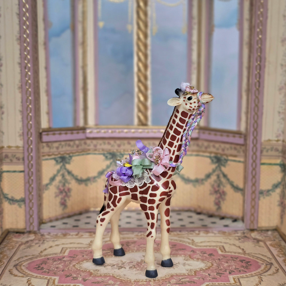 Pat Boldt 1:12 Scale Carousel Giraffe Calf with Lace Saddle, Pastel Ribbon & Flowers