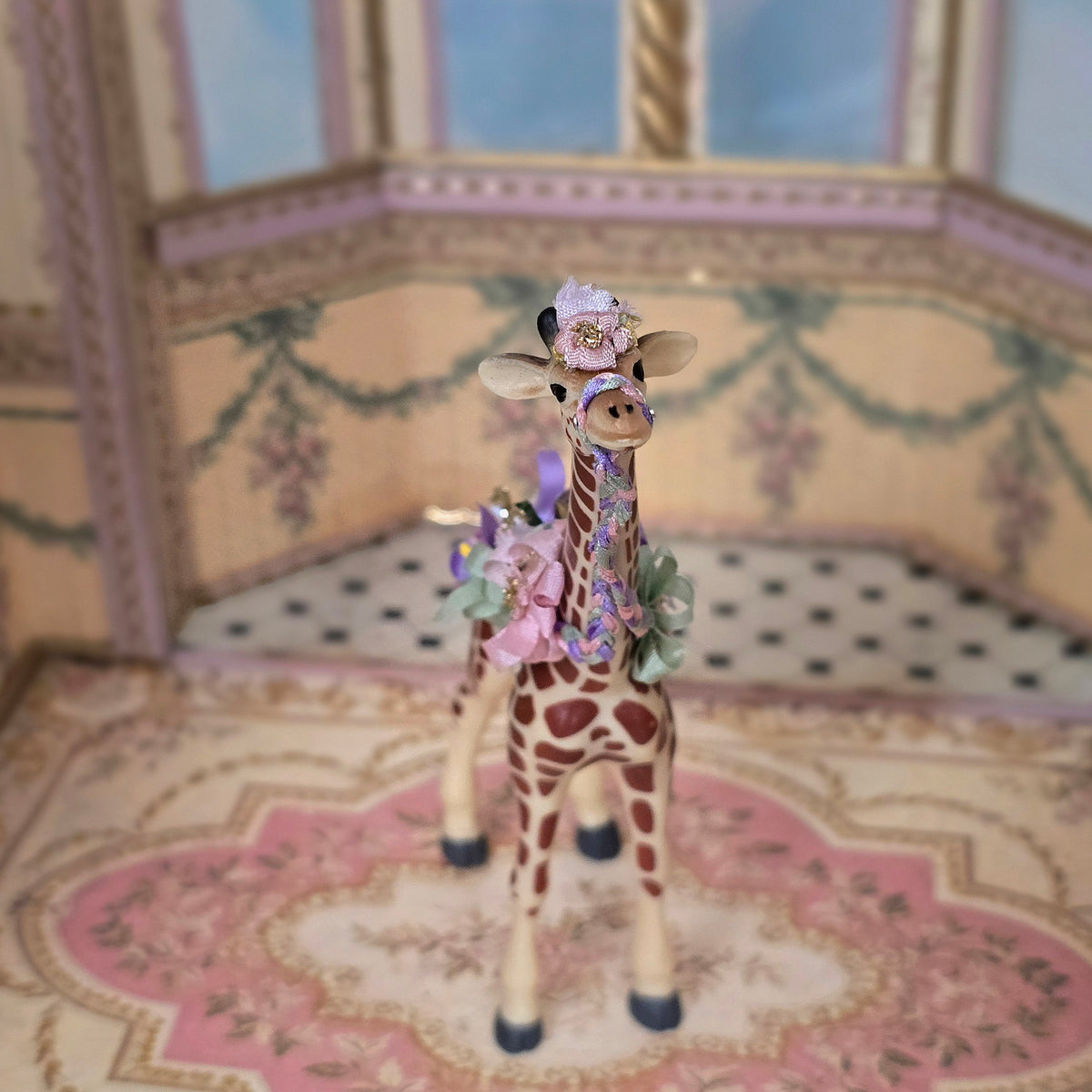 Pat Boldt 1:12 Scale Carousel Giraffe Calf with Lace Saddle, Pastel Ribbon & Flowers