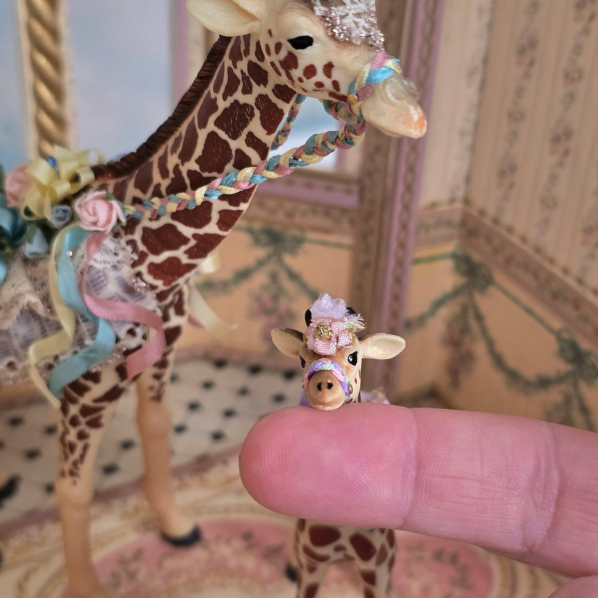 Pat Boldt 1:12 Scale Carousel Giraffe Calf with Lace Saddle, Pastel Ribbon & Flowers