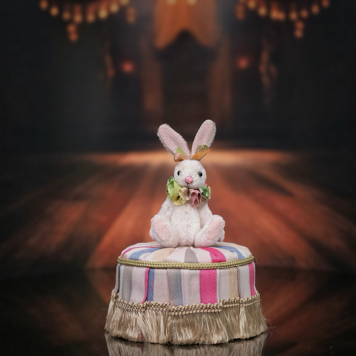 Anna Braun Rare OOAK Silk Mohair Bunny Rabbit with Autumn Ruff and Ear Bow, Jointed Artist Toy
