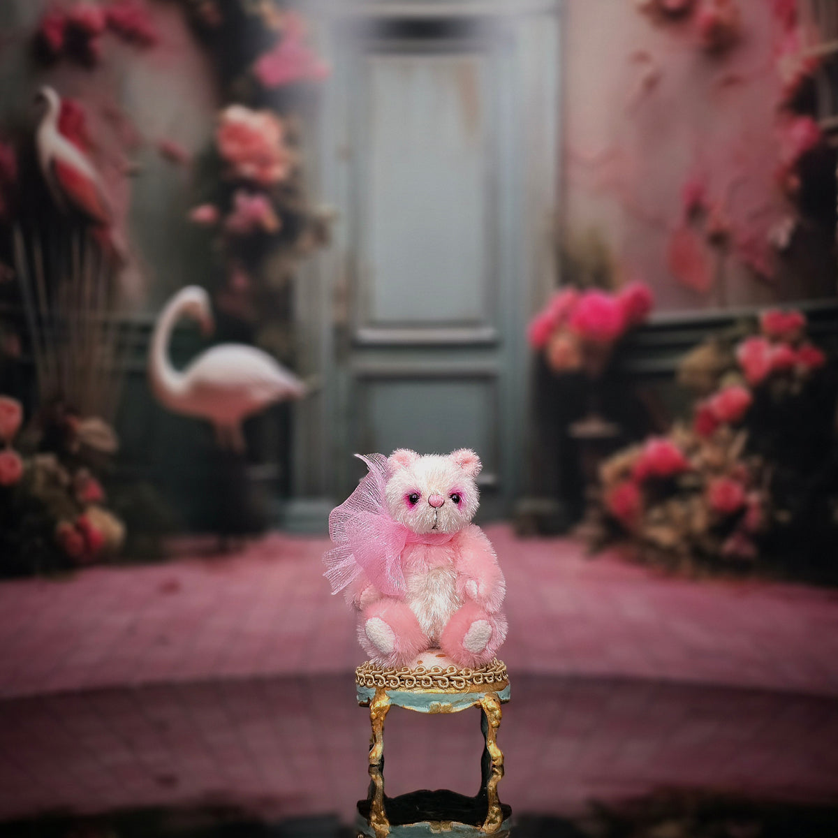Anna Braun OOAK Pink & White Silk Mohair Toy Panda Bear with Pink Bow, Jointed
