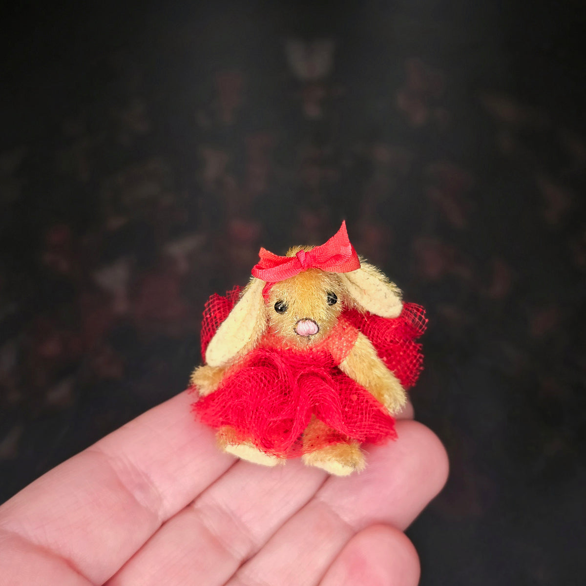 Anna Braun OOAK Floppy-Eared Mohair Bunny in Red Tulle Tutu, Jointed Artist Toy