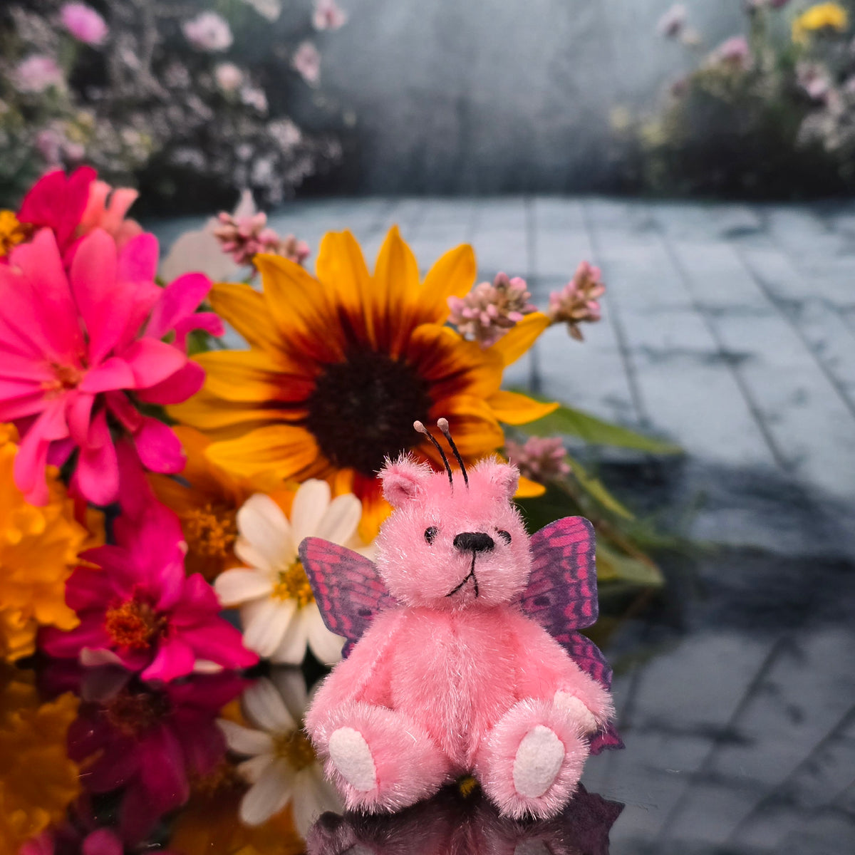 Anna Braun Girly Pink Silk Mohair Butterfly Bear with Wings and Antennae, Jointed