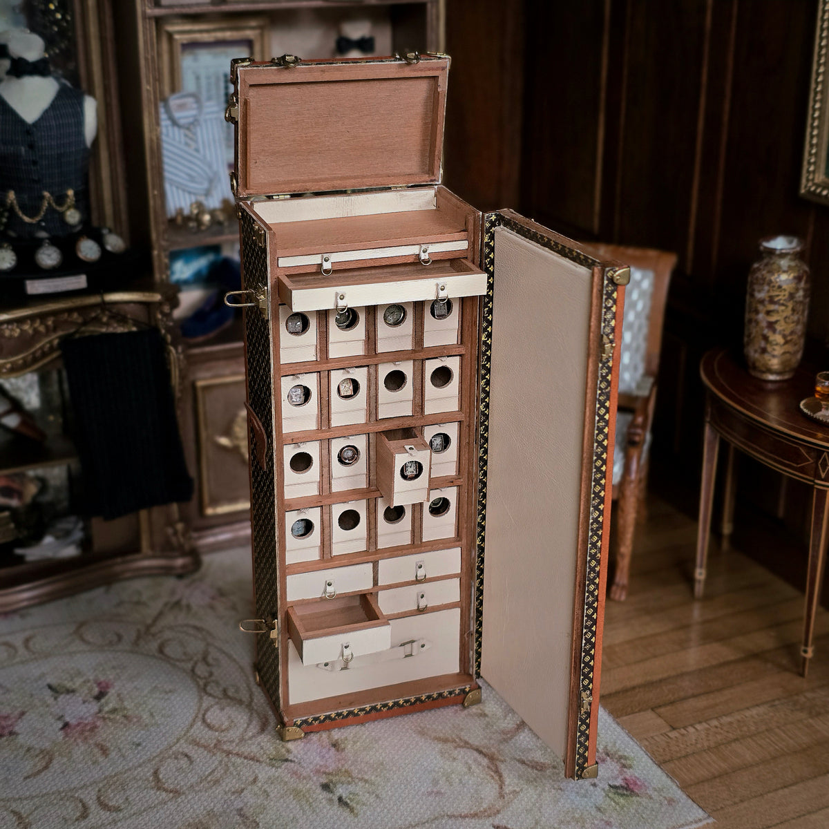 RESERVED For Frank Lloyd Wright Jose Gomez 1:12 LV Style Replica of Antique Traveling Watch & Jewelry Trunk Detailed OOAK