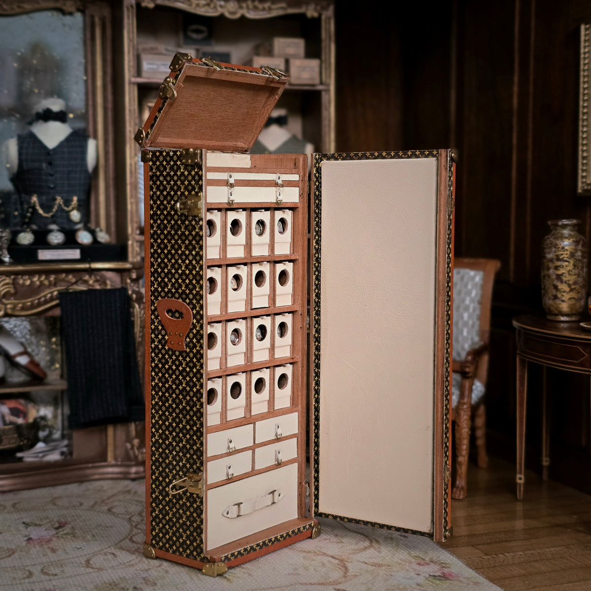 RESERVED For Frank Lloyd Wright Jose Gomez 1:12 LV Style Replica of Antique Traveling Watch & Jewelry Trunk Detailed OOAK