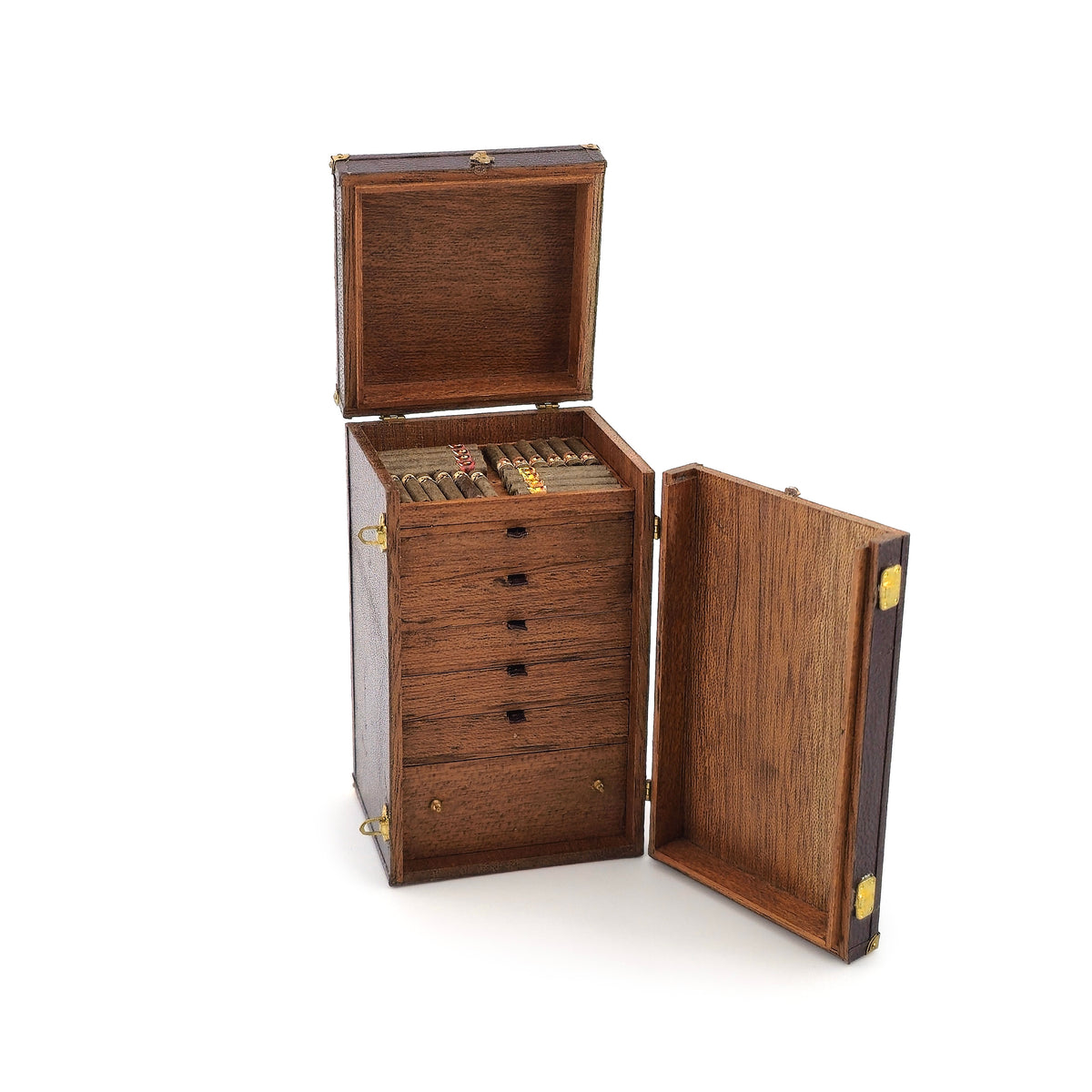 RESERVED FOR Judy Greenwell Jose Gomez Leather Travel Humidor Cabinet with Miniature Cigars, Drawers & Brass Hardware