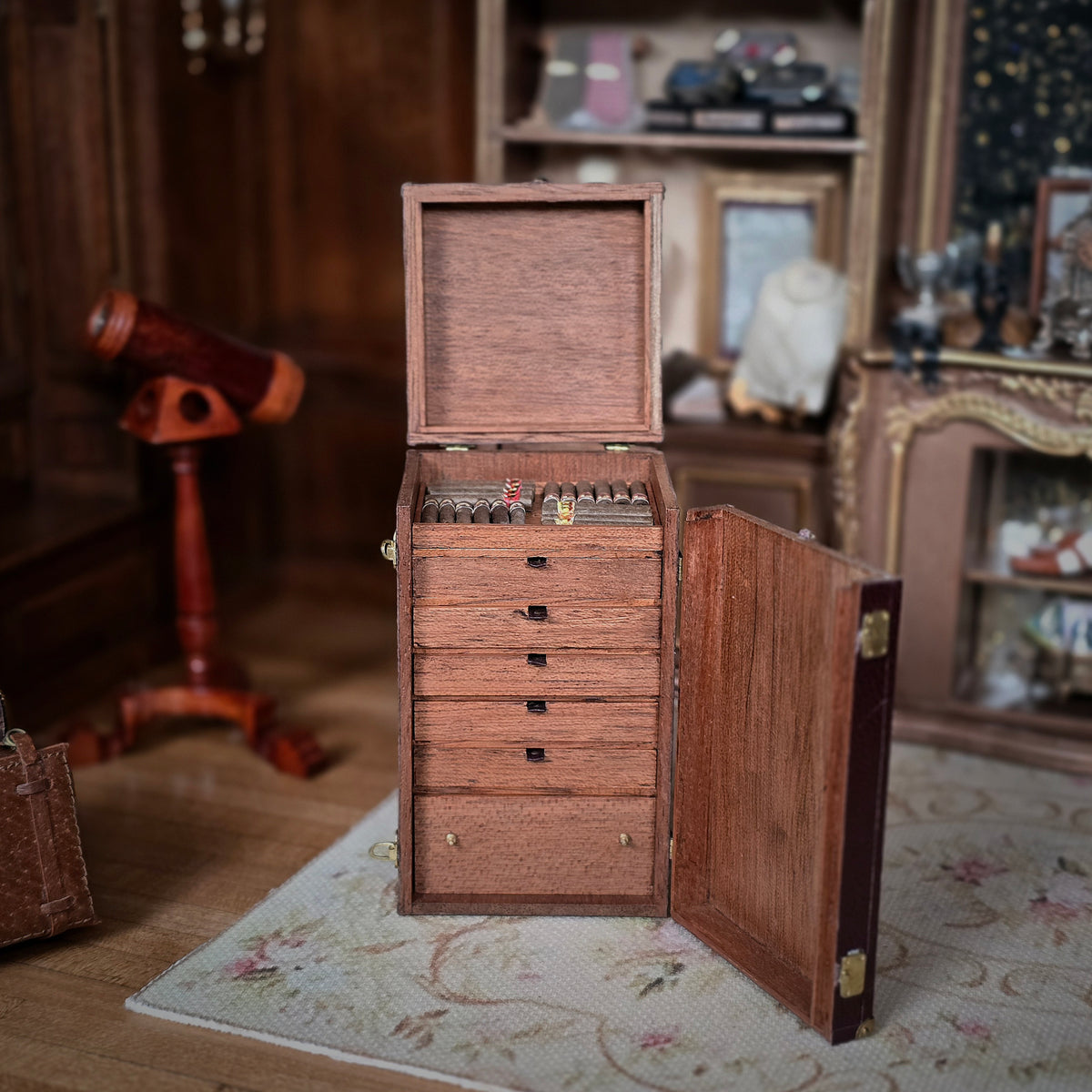 RESERVED FOR Judy Greenwell Jose Gomez Leather Travel Humidor Cabinet with Miniature Cigars, Drawers & Brass Hardware