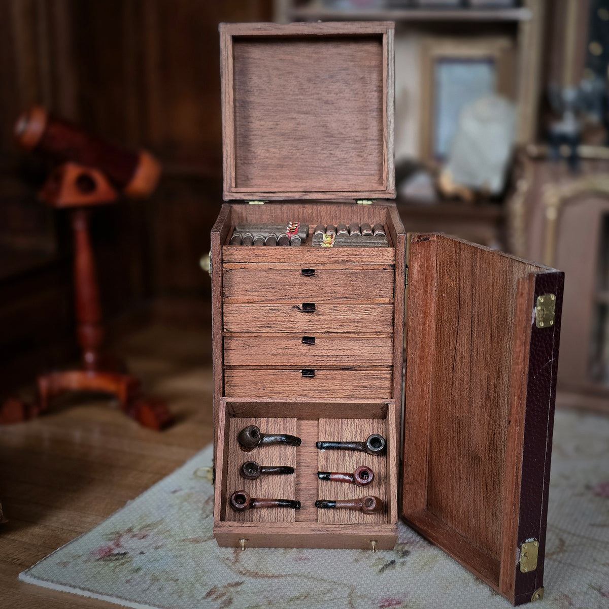 RESERVED FOR Judy Greenwell Jose Gomez Leather Travel Humidor Cabinet with Miniature Cigars, Drawers & Brass Hardware