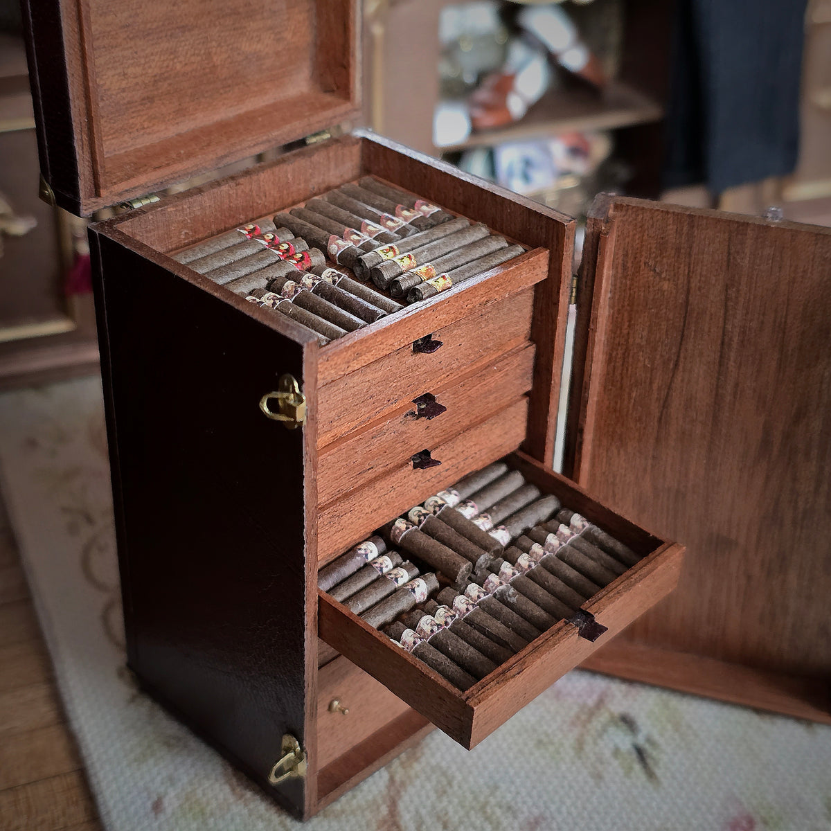 RESERVED FOR Judy Greenwell Jose Gomez Leather Travel Humidor Cabinet with Miniature Cigars, Drawers & Brass Hardware