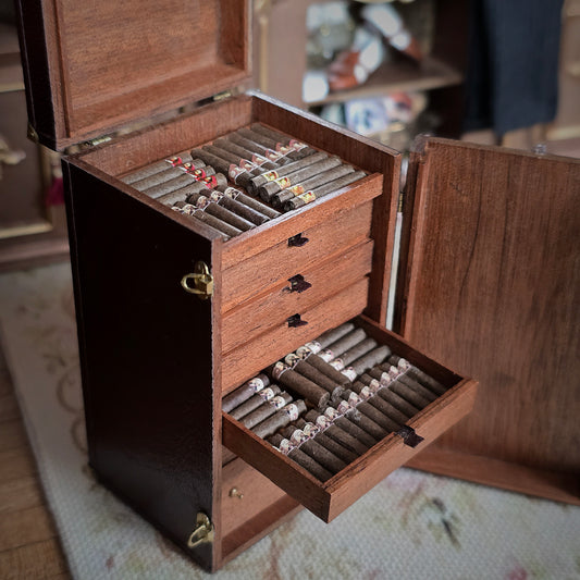 RESERVED FOR Judy Greenwell Jose Gomez Leather Travel Humidor Cabinet with Miniature Cigars, Drawers & Brass Hardware