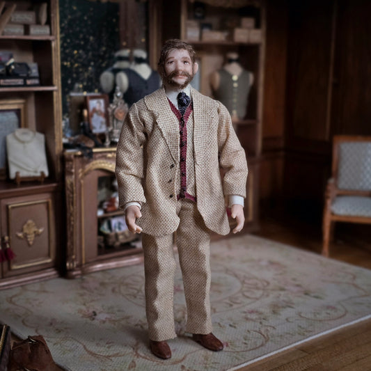 Victorian or Edwardian Artisan Porcelain Gentleman Doll with Real Hair, Beard & Tan Tweed Suit