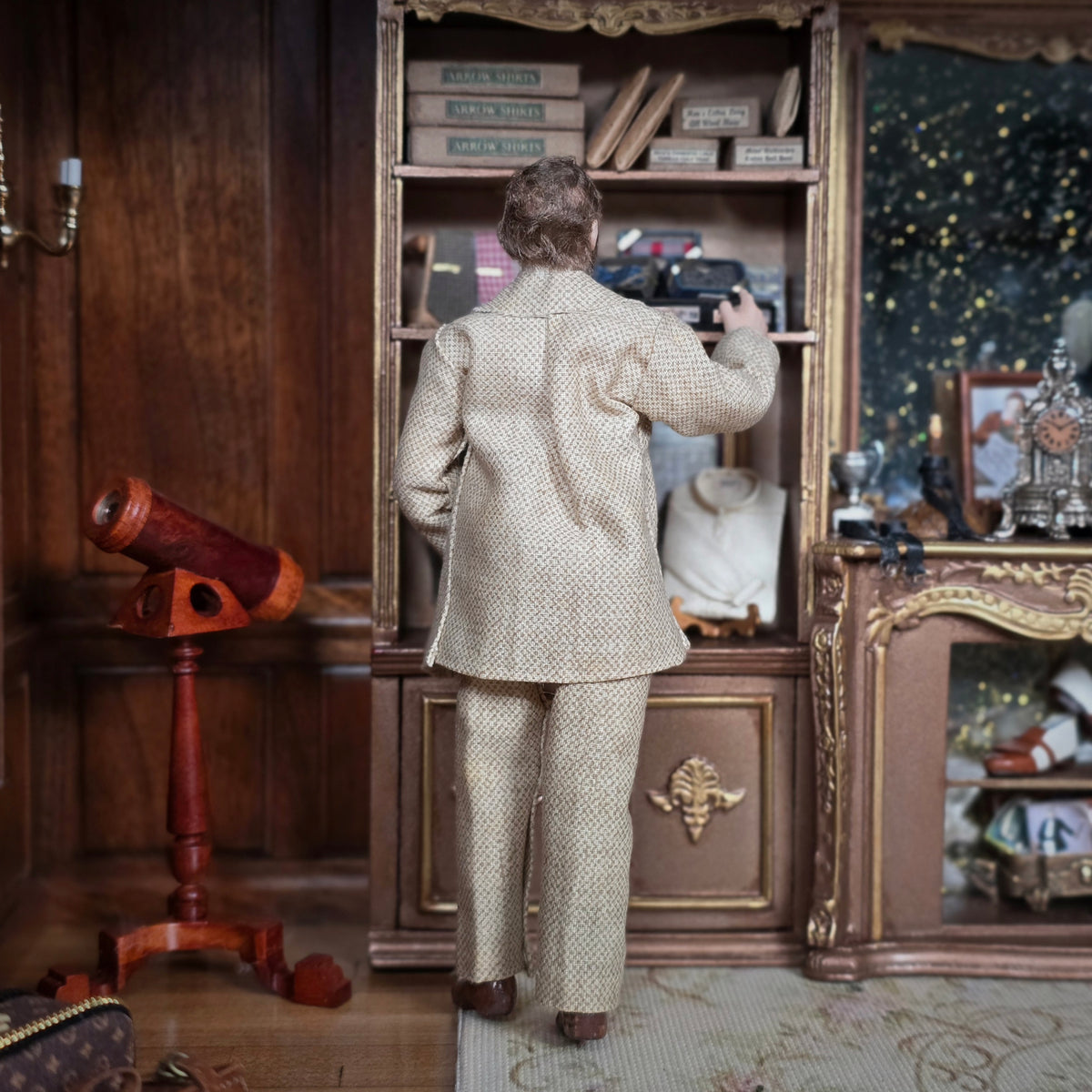 Victorian or Edwardian Artisan Porcelain Gentleman Doll with Real Hair, Beard & Tan Tweed Suit