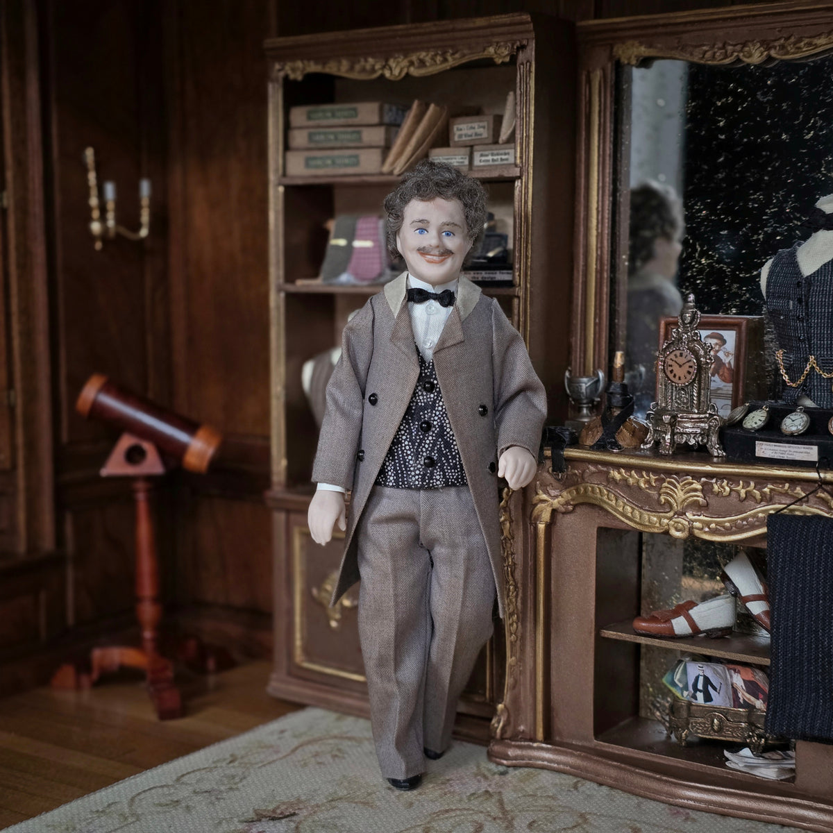OOAK Artisan Porcelain Gentleman Doll with Real Hair, Mustache, Taupe Coat & Waistcoat