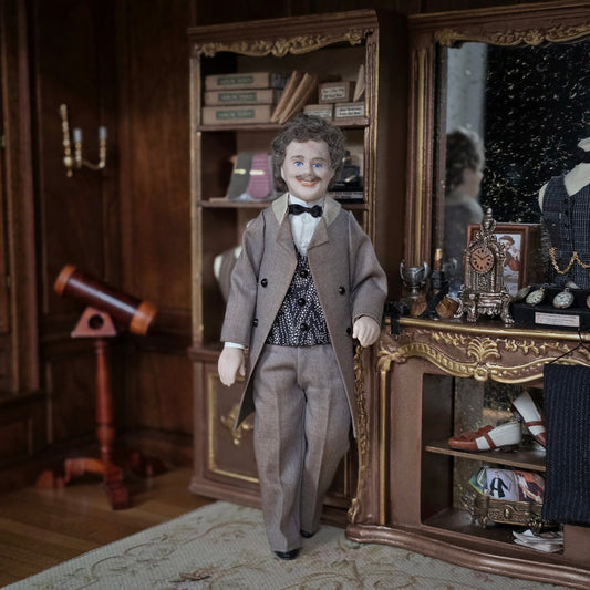OOAK Artisan Porcelain Gentleman Doll with Real Hair, Mustache, Taupe Coat & Waistcoat