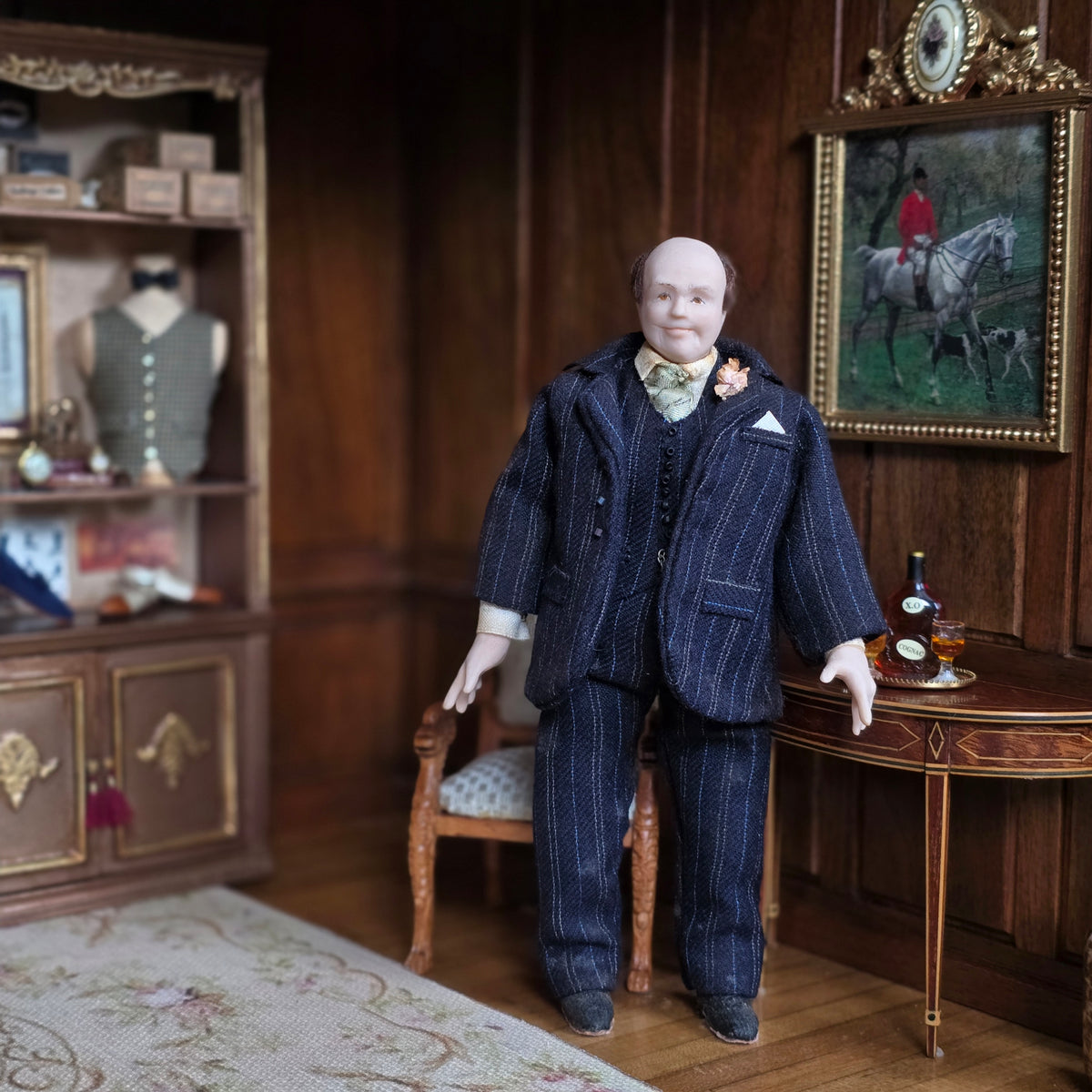 Artisan Porcelain Gentleman Doll in Navy Pinstripe Wool Suit with Boutonniere