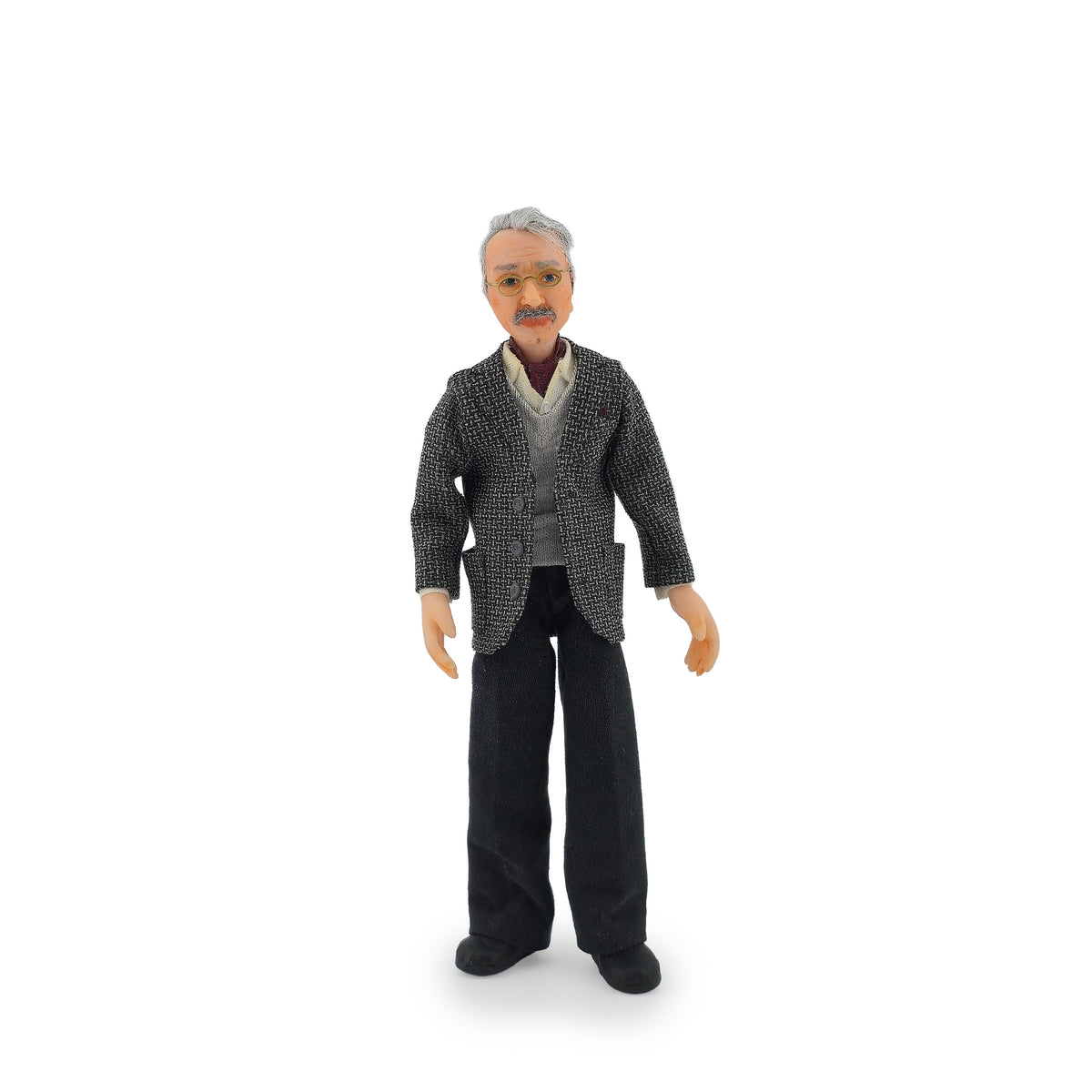 Sculpted Clay Gentleman Doll Wire-Rim Glasses, Tweed Jacket, Vest & Grey Mustache