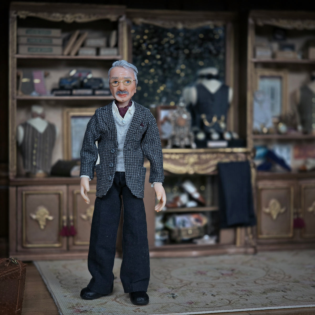 Sculpted Clay Gentleman Doll Wire-Rim Glasses, Tweed Jacket, Vest & Grey Mustache