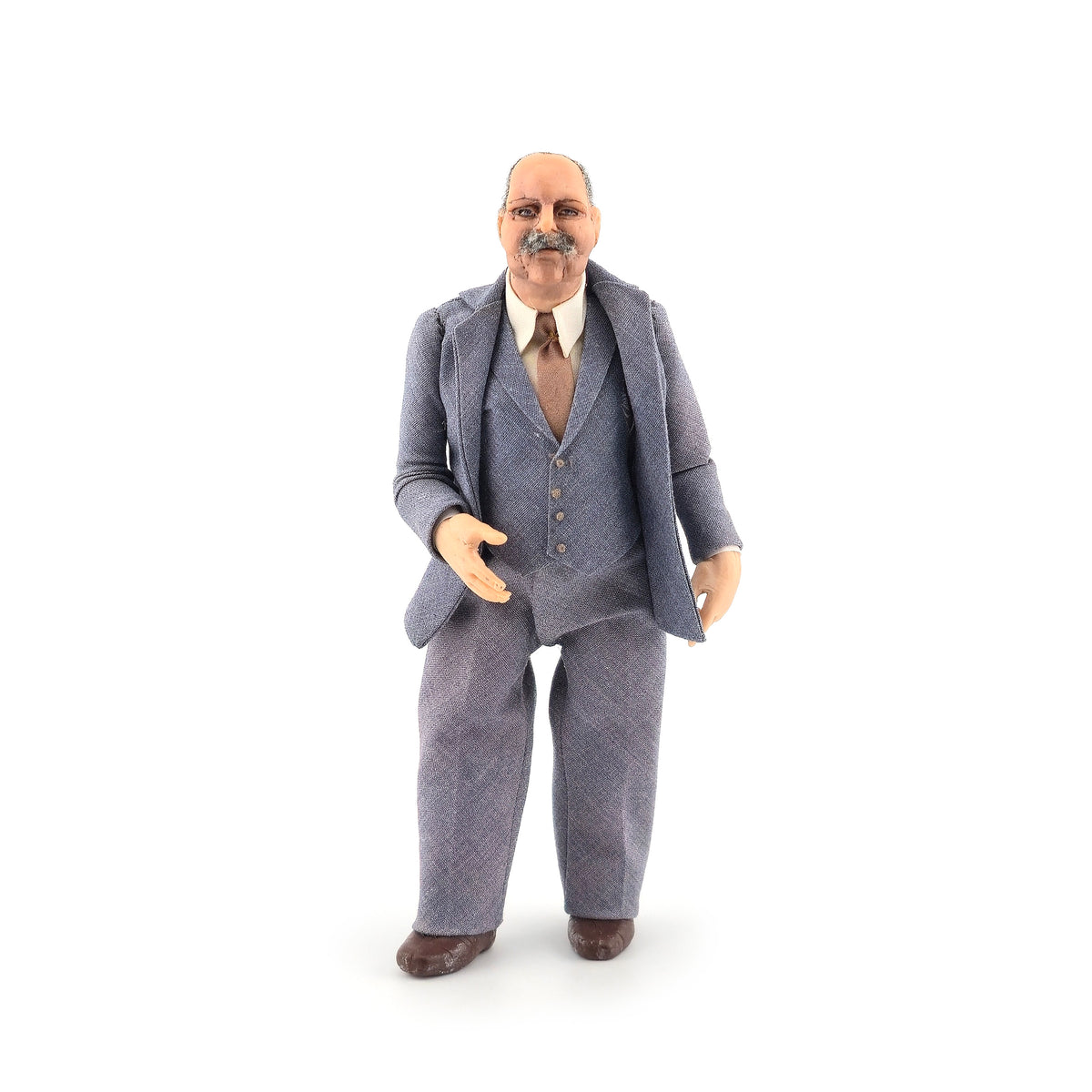 Hand-Sculpted Clay Gentleman Doll in Blue-Grey Wool Three-Piece Suit & Walrus Mustache