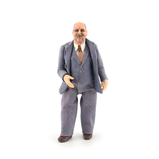 Hand-Sculpted Clay Gentleman Doll in Blue-Grey Wool Three-Piece Suit & Walrus Mustache