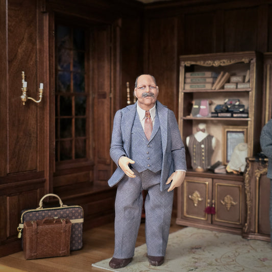 Hand-Sculpted Clay Gentleman Doll in Blue-Grey Wool Three-Piece Suit & Walrus Mustache
