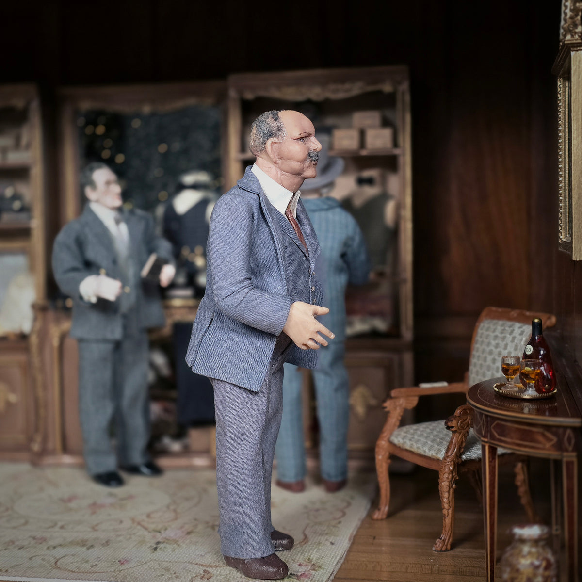Hand-Sculpted Clay Gentleman Doll in Blue-Grey Wool Three-Piece Suit & Walrus Mustache