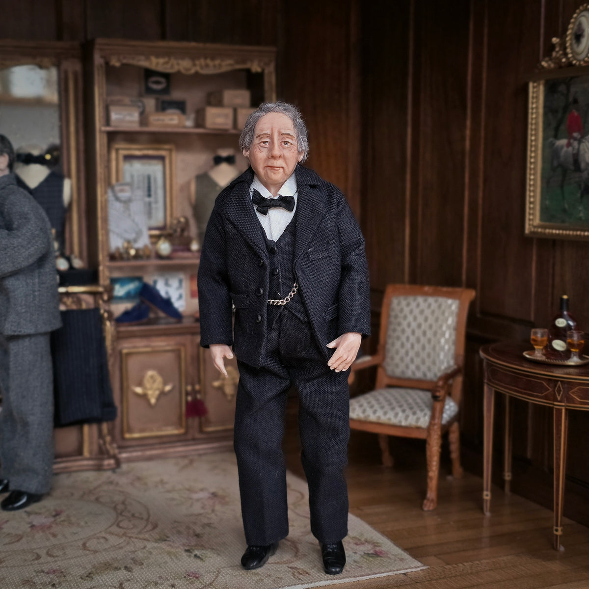 Hand-Sculpted Clay Gentleman Doll in Black Suit with Pocket Watch Chain Fully Poseable