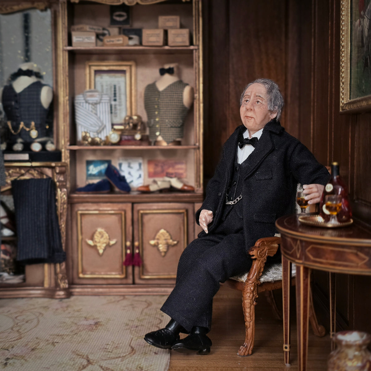 Hand-Sculpted Clay Gentleman Doll in Black Suit with Pocket Watch Chain Fully Poseable
