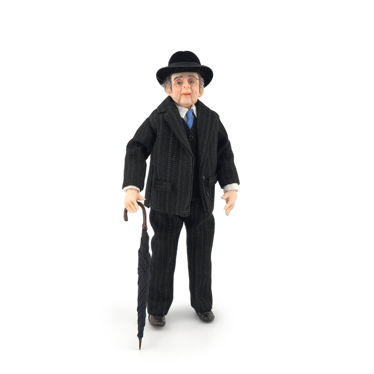 Artisan Clay Elderly Gentleman Doll in Black Pinstripe Suit with Bowler Hat, Tie & Umbrella