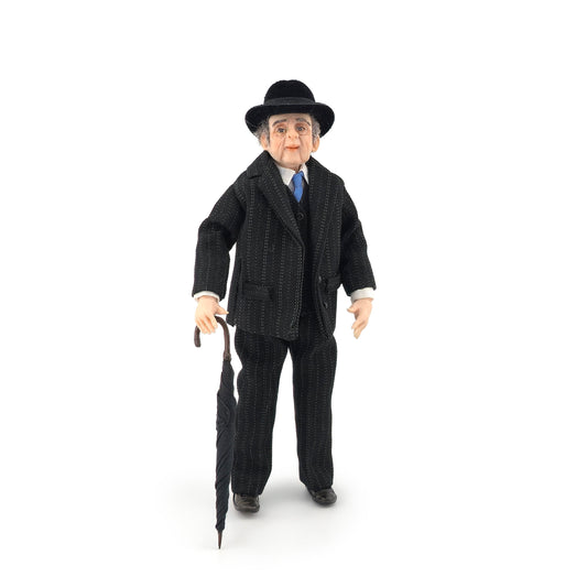 'Crumpled & Rumpled' Clay Elderly Gentleman Doll in Black Pinstripe Suit with Bowler Hat, Tie & Umbrella